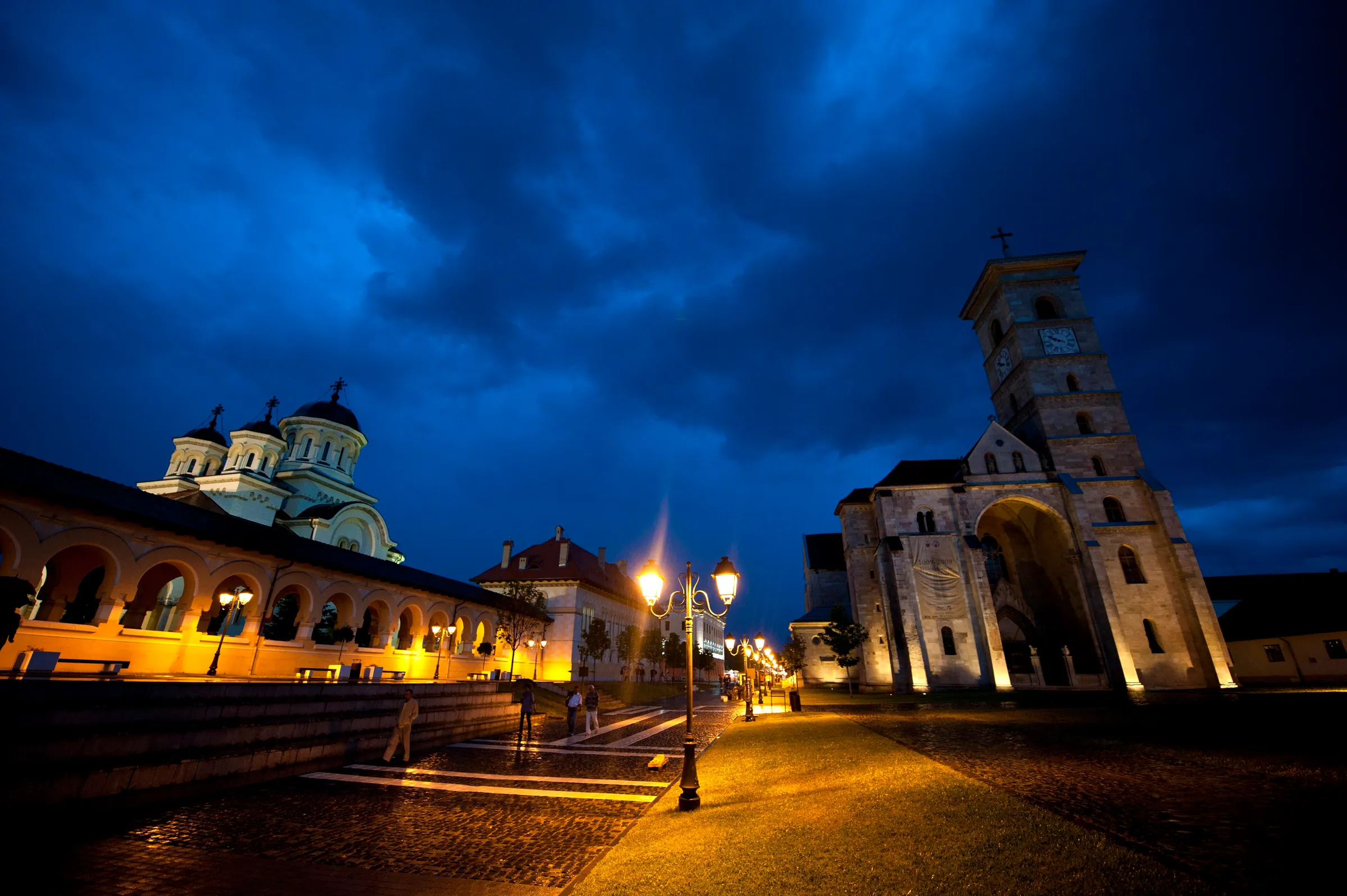 The cathedrals of Alba Iulia citadel lit at blue hour
