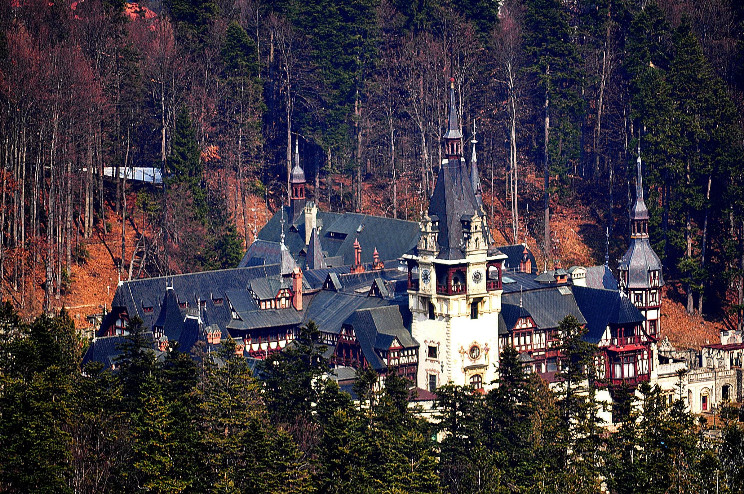 Peleș Castle among autumn forest in Sinaia